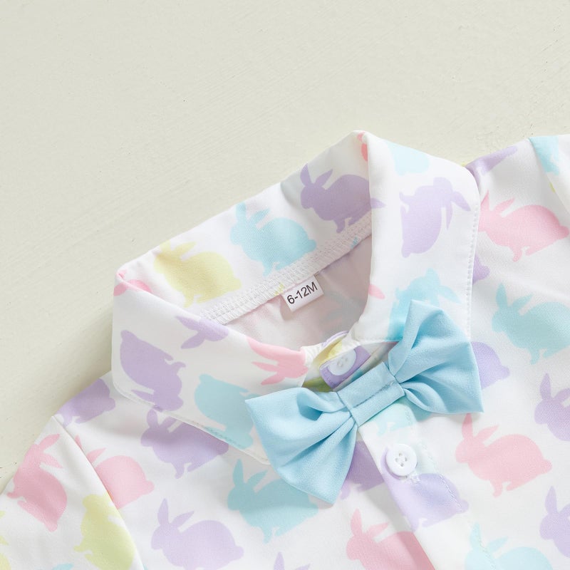 Rtnnsbbfcm Toddler Baby Boy Easter Outfit Short Sleeve Bunny Print Bow Tie Button Down Shirt Top Shorts 2Pcs Set (Blue, 3-4T) - Image 4