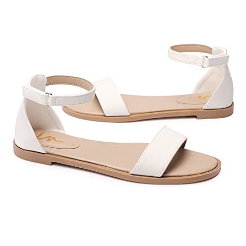 LM Women's Flat Sandals Open Toe One Band Ankle Strap Sandals Casual Summer Flat Sandals (8, White) - Image 3