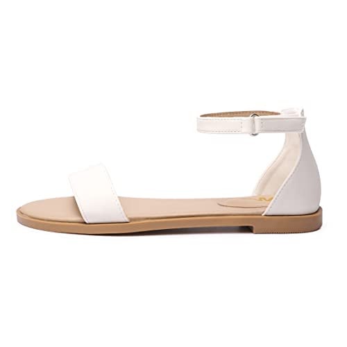 LM Women's Flat Sandals Open Toe One Band Ankle Strap Sandals Casual Summer Flat Sandals (8, White) - Image 2