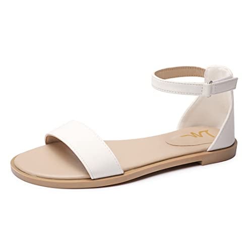 LM Women's Flat Sandals Open Toe One Band Ankle Strap Sandals Casual Summer Flat Sandals (8, White) - Image 1