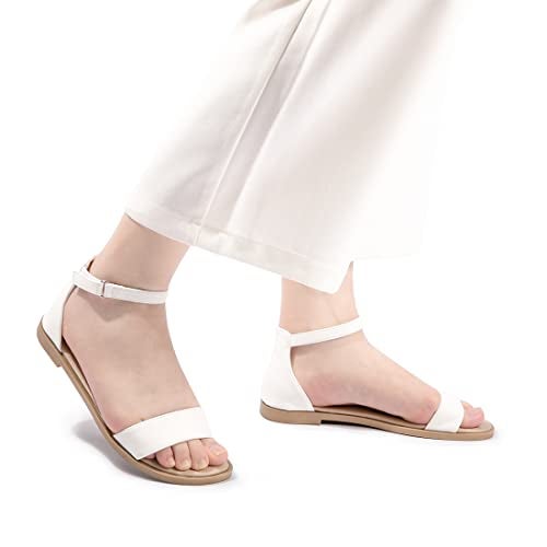 LM Women's Flat Sandals Open Toe One Band Ankle Strap Sandals Casual Summer Flat Sandals (8, White) - Image 5
