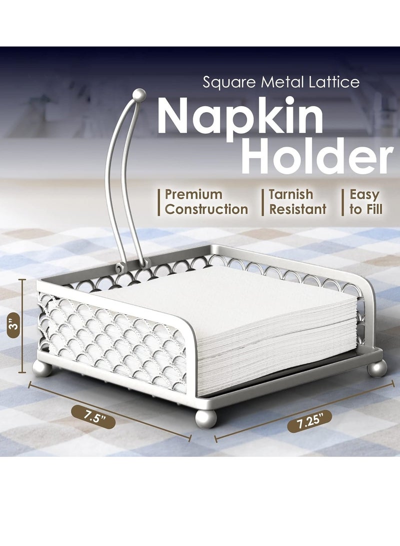 TRASSLE Elegant Flat Paper Napkin Holder with Dispenser Arm - Silver Napkin Holders for Table, Kitchen, Countertops & Outdoor Tables - Square Metal Lattice Dinner Napkin Holder  - Image 5