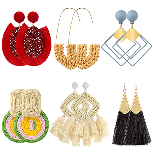 Ponpon 6-18 Pairs Earrings for Women, Lightweight Summer Earrings Straw Earrings Fashion Geometric Statement Hoop Dangle Drop Earrings for Women (Style C - 6 Pairs) - Image 1