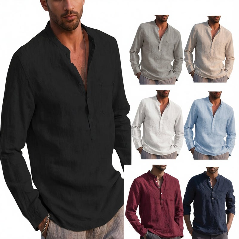 Men's Long Sleeve V-Neck Casual Linen Beach Shirt