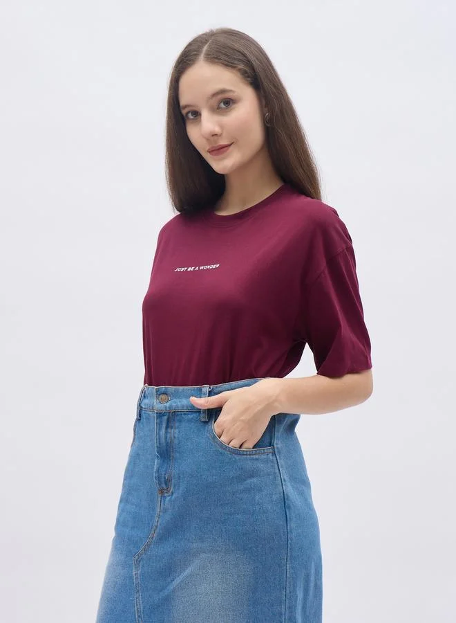 Styli Women Burgundy Slogan Print Oversized T-Shirt