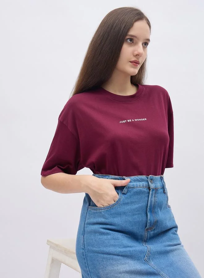 Styli Women Burgundy Slogan Print Oversized T-Shirt