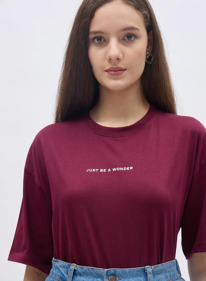 Styli Women Burgundy Slogan Print Oversized T-Shirt