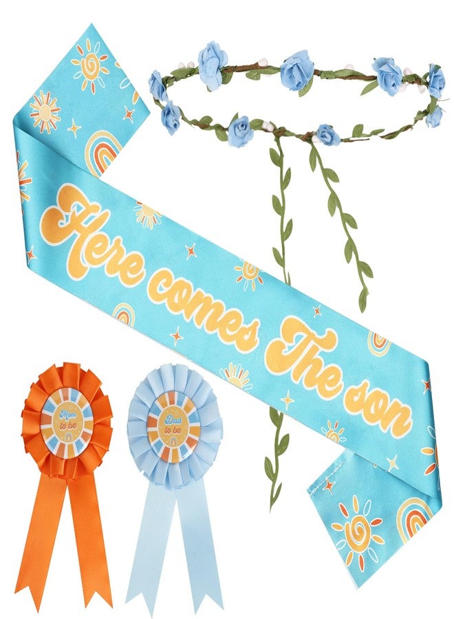 Serencatcher Here Comes the Son Baby Shower Decorations, Sunshine Baby Shower Party Favors Blue Mom Dad to be Pin Flower Crown for Boho Groovy Sunshine Gender Reveals Party Favors - Image 1
