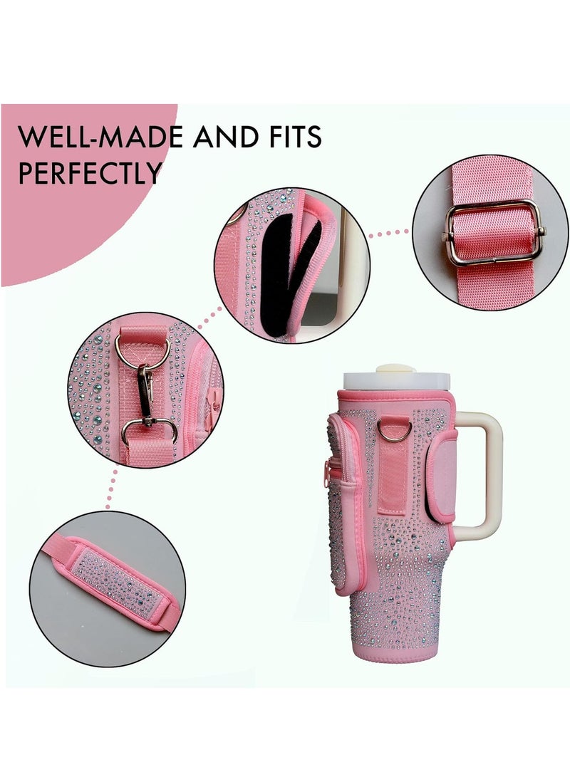 Bling Stanley Cup Holder with Strap & Letter Charm,40 oz Stanley Water Bottle Carrier Bag (Pink) - Image 3