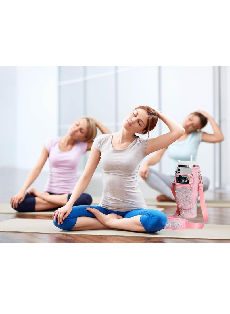Bling Stanley Cup Holder with Strap & Letter Charm,40 oz Stanley Water Bottle Carrier Bag (Pink) - Image 5