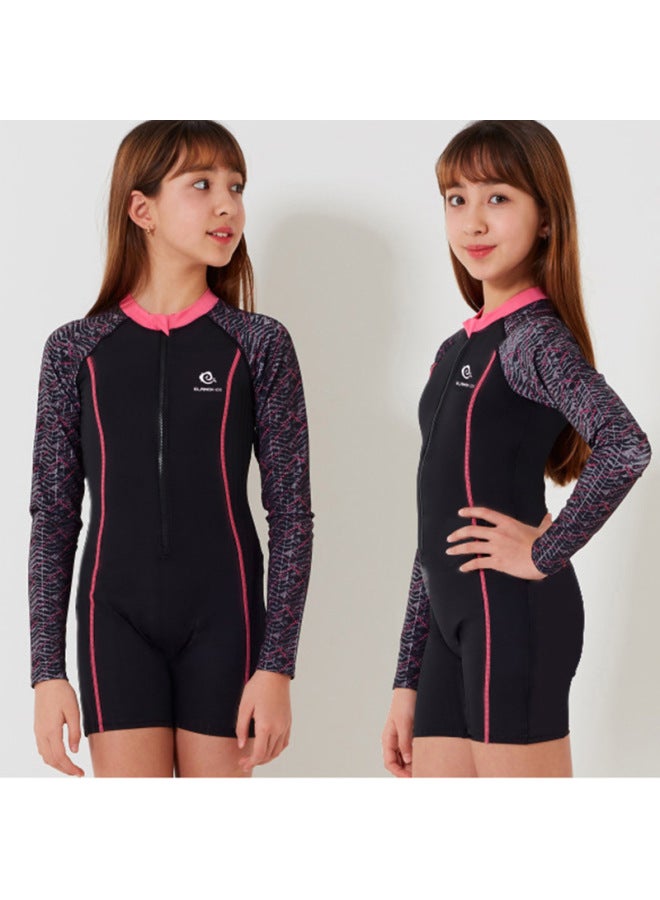Loquat 2024 Children's Swimwear Girls' Middle And Big Children Teenagers Girls' One-piece Professional Long-sleeved Sunscreen Quick-drying Swimwear-Color:333 Dark Blue Long Sleeve- - Image 3