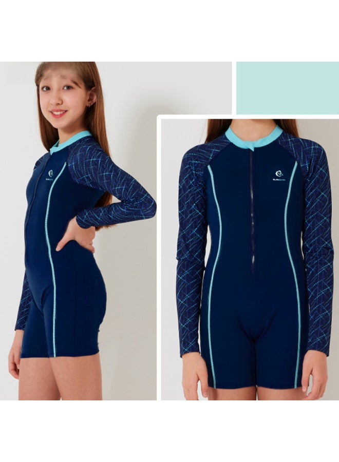 Loquat 2024 Children's Swimwear Girls' Middle And Big Children Teenagers Girls' One-piece Professional Long-sleeved Sunscreen Quick-drying Swimwear-Color:333 Dark Blue Long Sleeve- - Image 4
