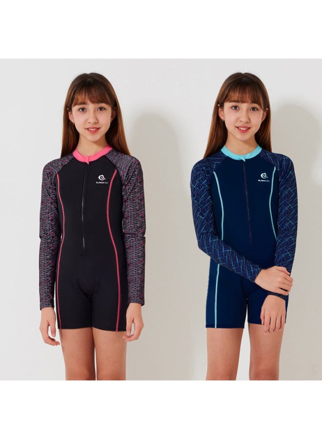 Loquat 2024 Children's Swimwear Girls' Middle And Big Children Teenagers Girls' One-piece Professional Long-sleeved Sunscreen Quick-drying Swimwear-Color:333 Dark Blue Long Sleeve- - Image 2