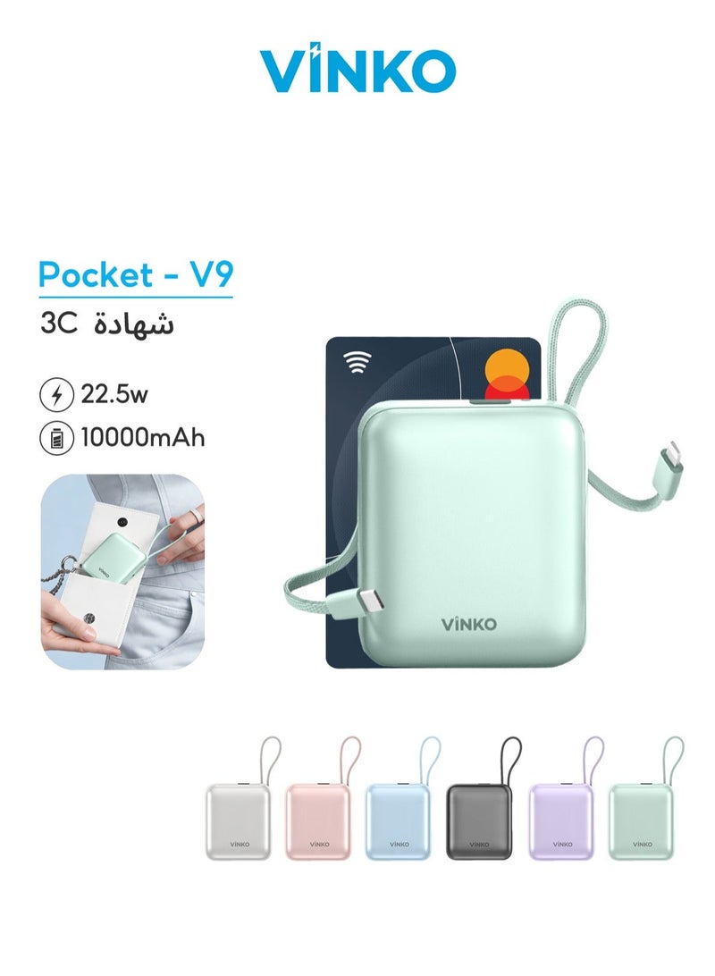 Vinko باور بانك صغير VINKO V9 بسعة 10000 مللي أمبير، شحن سريع بقدرة 22.5 واط، بحجم الجيب، مزود بكابل مدمج لايتنينج وType-C، شحن ثنائي الاتجاه بكابل USB-C مدمج، منفذ USB-C واحد، شاشة رقمية ذكية، طاقة متنقلة مناسبة لهواتف iPhone 17 Pro Max/16 Pro/16/15/14، سلسلة Samsung Galaxy S24/S23، سامسونج، شاومي، هواوي، أجهزة أندرويد اللوحية، أجهزة الألعاب، يمكن السفر بها على الطائرة - اللون سيان - Image 1