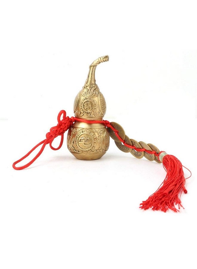هزتيير قرع نحاسي نقي من النحاس الخالص وو لو مع 5 زخارف صينية للحظ السعيد هو لو قرع معلق في المكتب وغرفة النوم والسيارة - Image 4