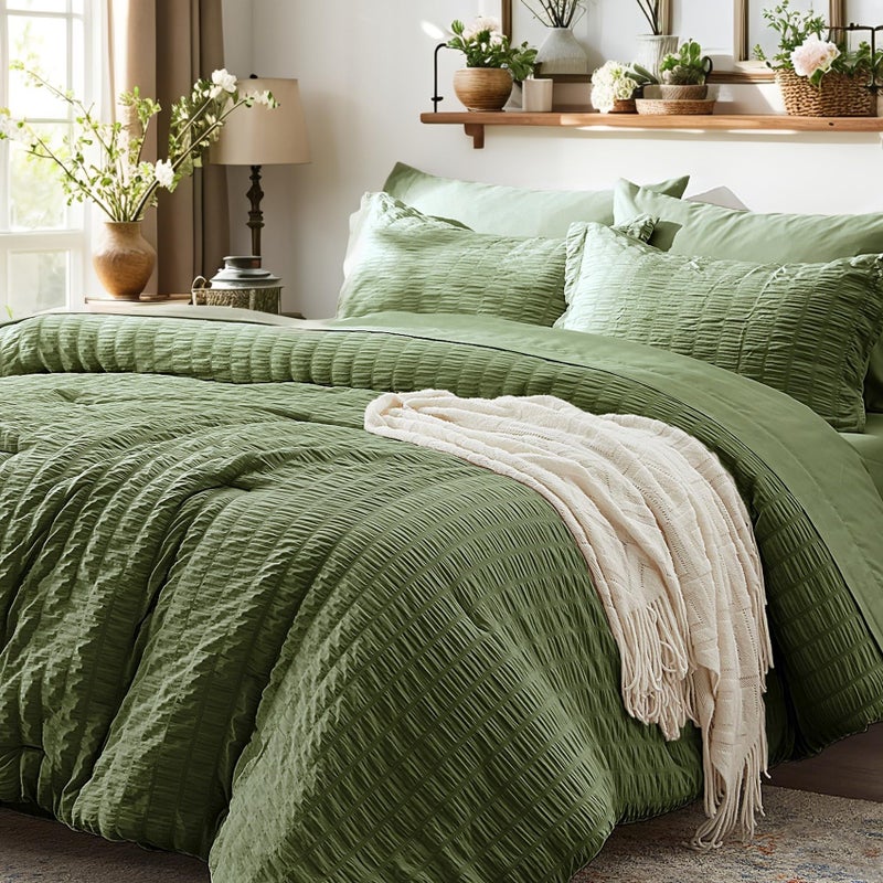 Zzlpp King Size Comforter Set 7 Pieces, Olive Green Seersucker Bed in a Bag with Sheets, All Season Bedding Sets with 1 Comforter, 2 Pillow Shams, 2 Pillowcases, 1 Flat Sheet, 1 Fitted Sheet - Image 1
