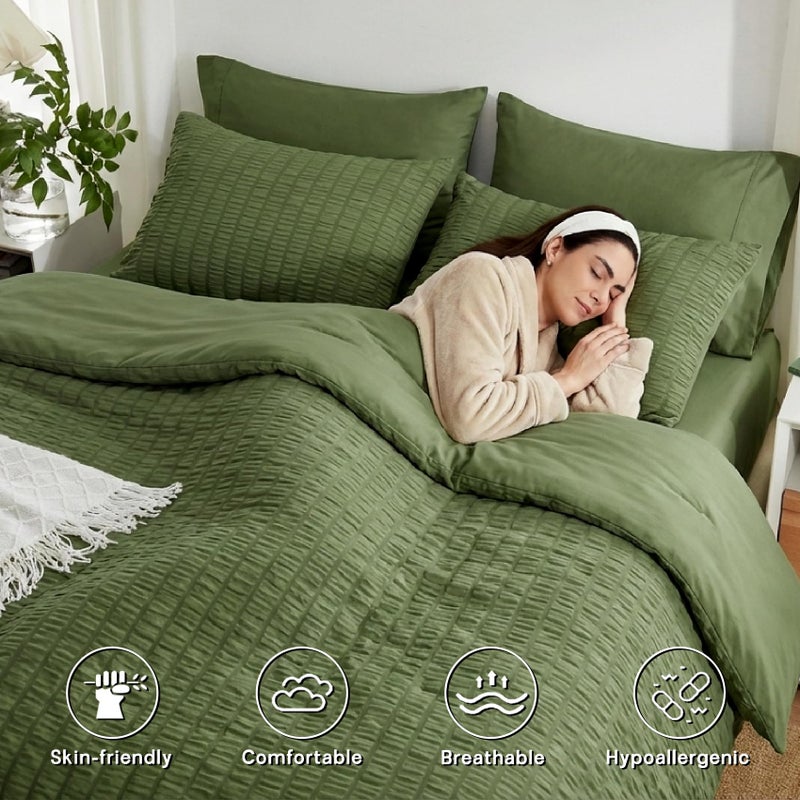 Zzlpp King Size Comforter Set 7 Pieces, Olive Green Seersucker Bed in a Bag with Sheets, All Season Bedding Sets with 1 Comforter, 2 Pillow Shams, 2 Pillowcases, 1 Flat Sheet, 1 Fitted Sheet - Image 5