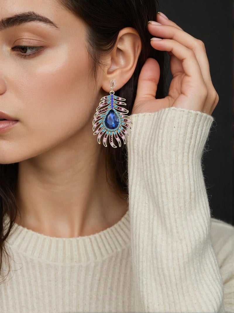 Frogwill Womens Crystal Hook Earrings Sparkling Rhinestone Peacock Feather Dangle Earrings (Blue) - Image 2