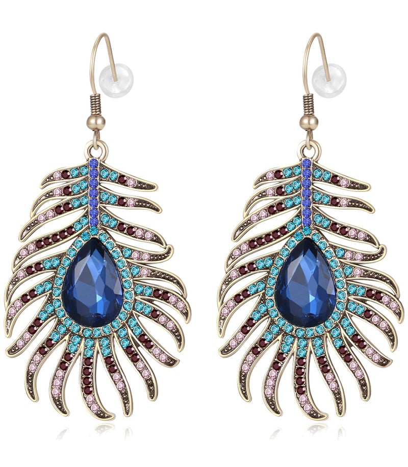 Frogwill Womens Crystal Hook Earrings Sparkling Rhinestone Peacock Feather Dangle Earrings (Blue) - Image 4