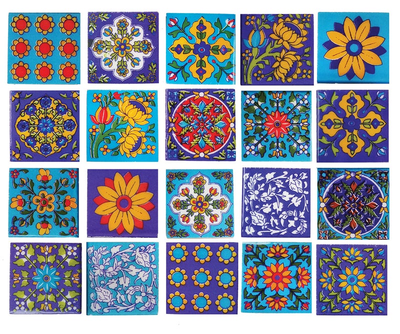 Shiv Kripa Blue Pottery Shiv Kripa Blue Art Pottery Home Decor Ethnic Festive 2 x 2 inch Tiles Pack of 20 Tiles (Sky Blue, Blue & Multi) - Image 1