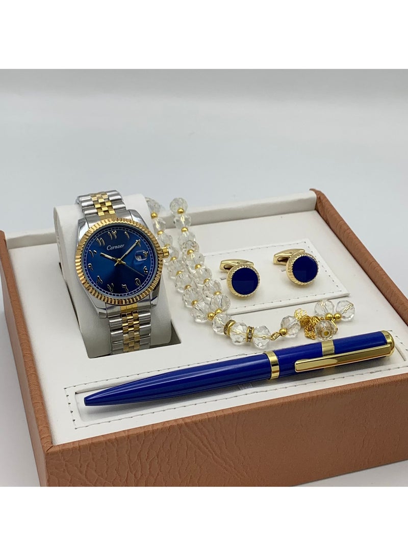 Men's set from Carnaer, consisting of fuor pieces: a watch, a pen, cufflinks, and a rosary.