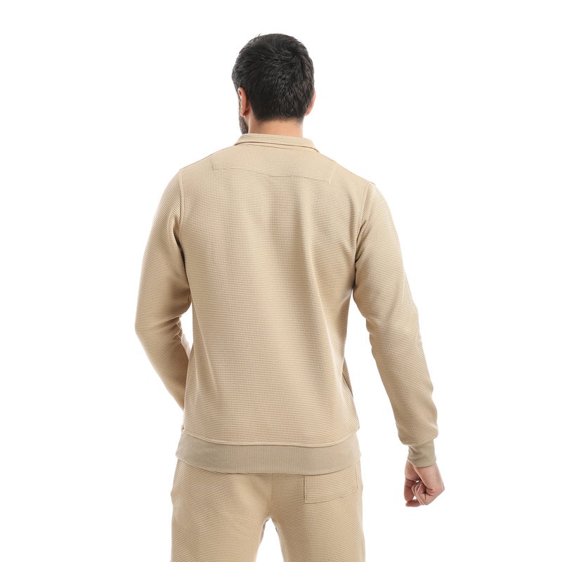 Andora Beige Long Sleeves Half Zipper Closure Self patterned Sweatshirt-Beige - Image 3