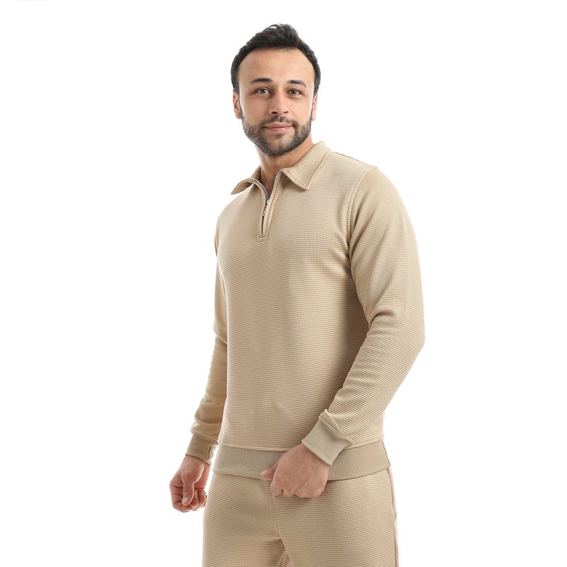 Andora Beige Long Sleeves Half Zipper Closure Self patterned Sweatshirt-Beige - Image 2