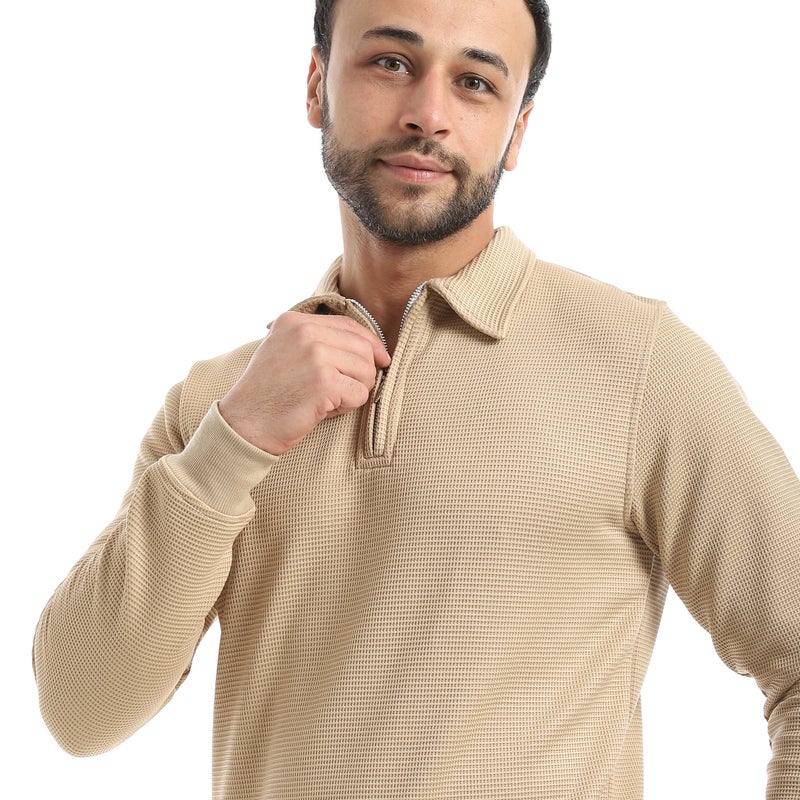 Andora Beige Long Sleeves Half Zipper Closure Self patterned Sweatshirt-Beige - Image 4