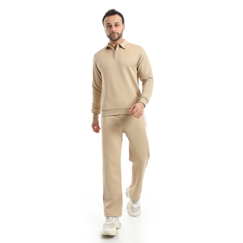 Andora Beige Long Sleeves Half Zipper Closure Self patterned Sweatshirt-Beige - Image 5