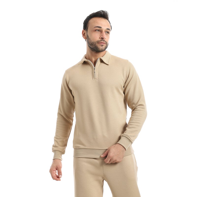 Andora Beige Long Sleeves Half Zipper Closure Self patterned Sweatshirt-Beige - Image 1