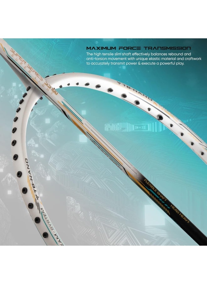 Super Series Ss100 Carbon Graphite Badminton Strung Racket With Full Racket Cover (White/Black)