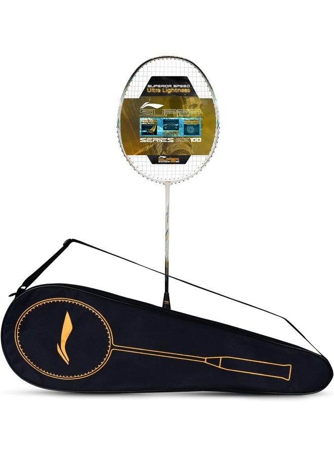 Super Series Ss100 Carbon Graphite Badminton Strung Racket With Full Racket Cover (White/Black)