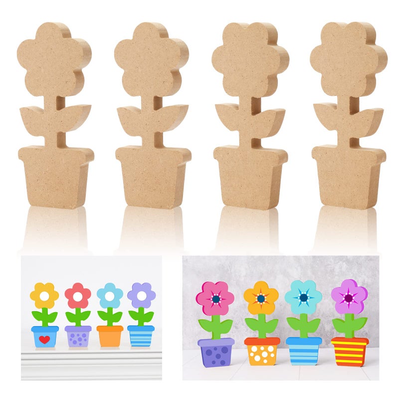 Whaline 4Pcs Wooden Flower Cutouts Unfinished Flowerpot Table Wooden Signs Flower Shaped Slice Ornament for Spring Easter Tiered Tray Home Kitchen Office School Mantle Decor DIY Art Craft 2 Design