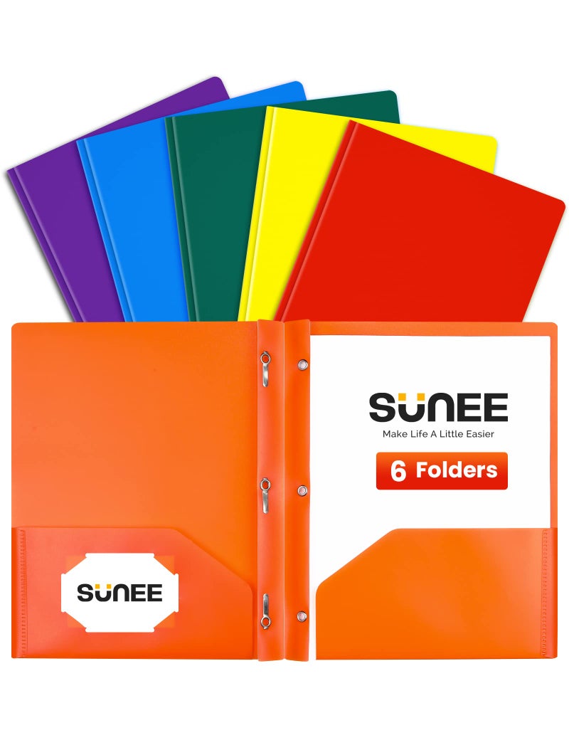 ساني مجلدات SUNEE ذات جيبين مع مشابك (عبوة من 6 مجلدات، ألوان متنوعة) جيوب بلاستيكية تناسب حجم الرسائل، بولي للمدرسة والمكتب والمنزل والأعمال - Image 1