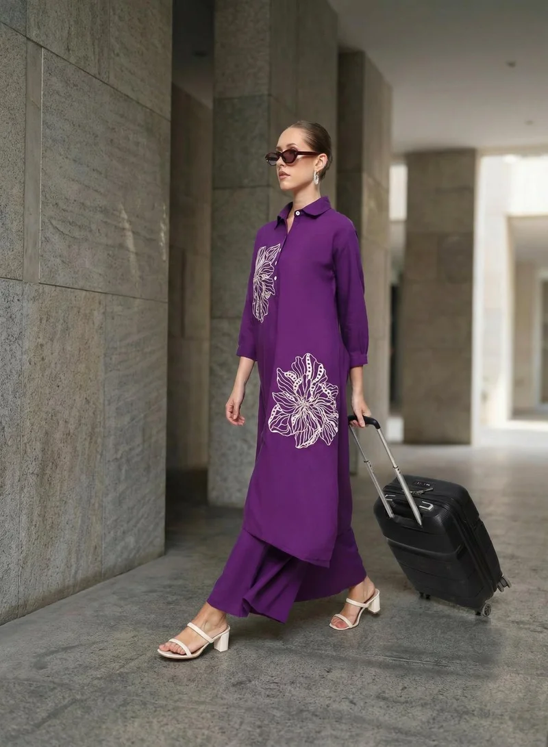 ISHIN Purple Poly Blend Embroidered Relaxed A-Line Tunic & Full Length Palazzo Kurta Set For Women