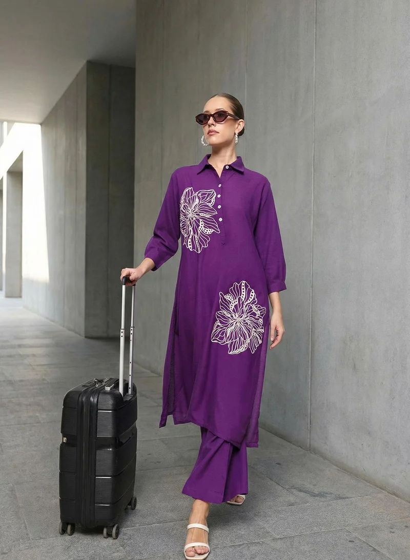 ISHIN Purple Poly Blend Embroidered Relaxed A-Line Tunic & Full Length Palazzo Kurta Set For Women
