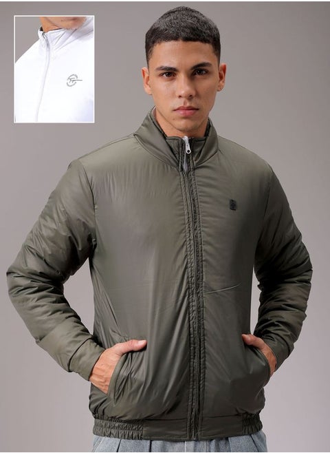 Men Slim Fit Solid Reversible Puffer Jackets