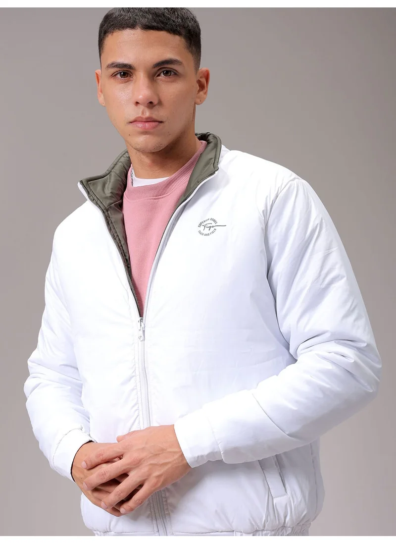 The Indian Garage Co Mens White Slim Fit Reversible High Neck Zipper Placket Side Pocket Winter Jacket