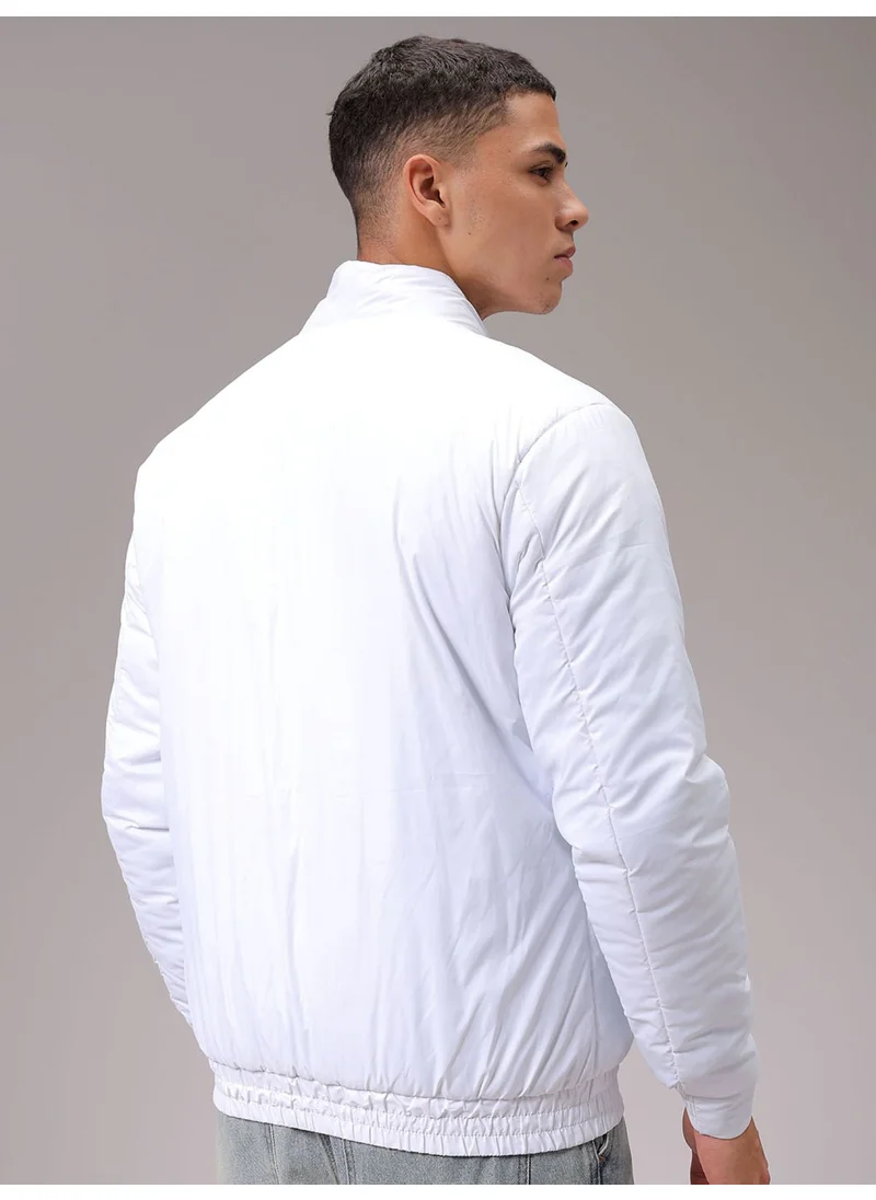 The Indian Garage Co Mens White Slim Fit Reversible High Neck Zipper Placket Side Pocket Winter Jacket