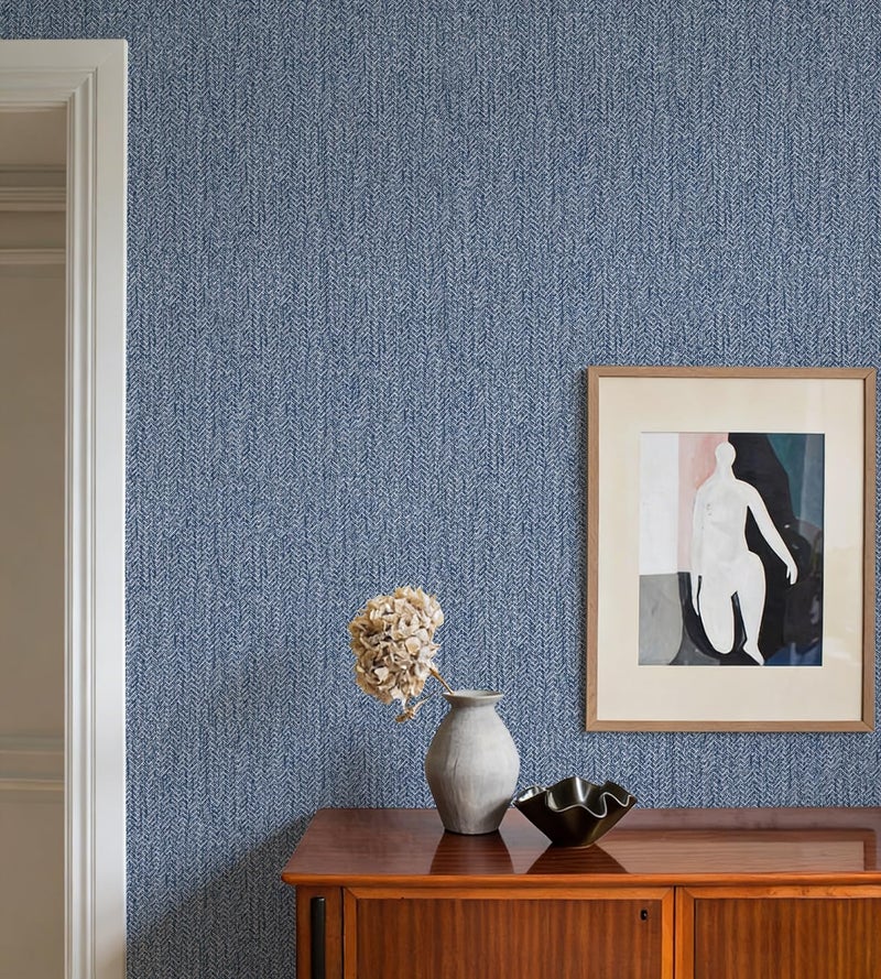 lenify Grasscloth Peel and Stick Wallpaper Blue Contact Paper 15.7inch x 118.1inch Vintage Faux Linen Wallpaper Self Adhesive Fabric Navy Grass Cloth Removable Herringbone Grasscloth Decor Vinyl - Image 2