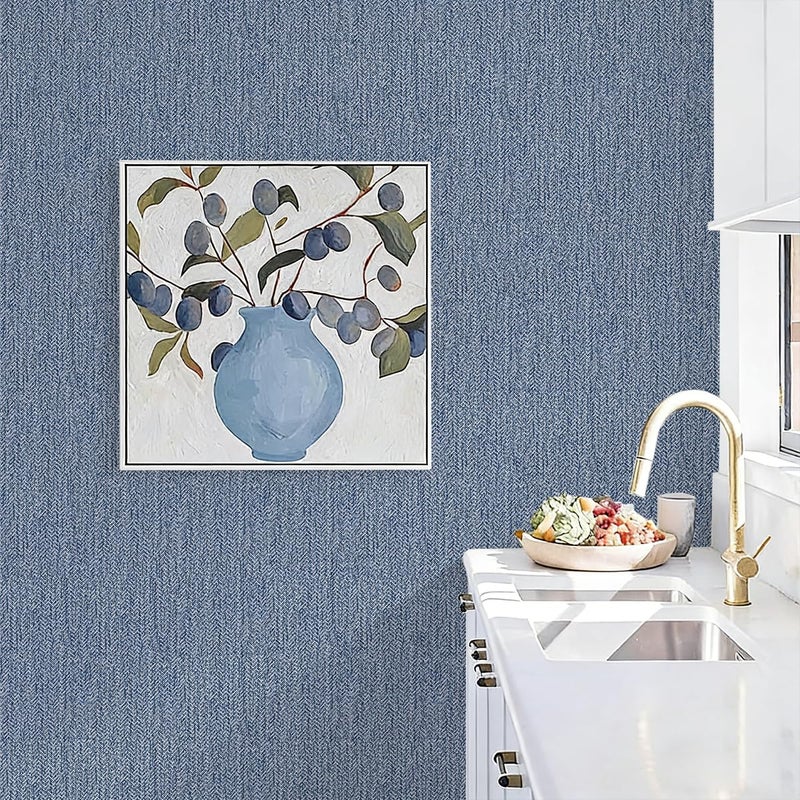 lenify Grasscloth Peel and Stick Wallpaper Blue Contact Paper 15.7inch x 118.1inch Vintage Faux Linen Wallpaper Self Adhesive Fabric Navy Grass Cloth Removable Herringbone Grasscloth Decor Vinyl - Image 3