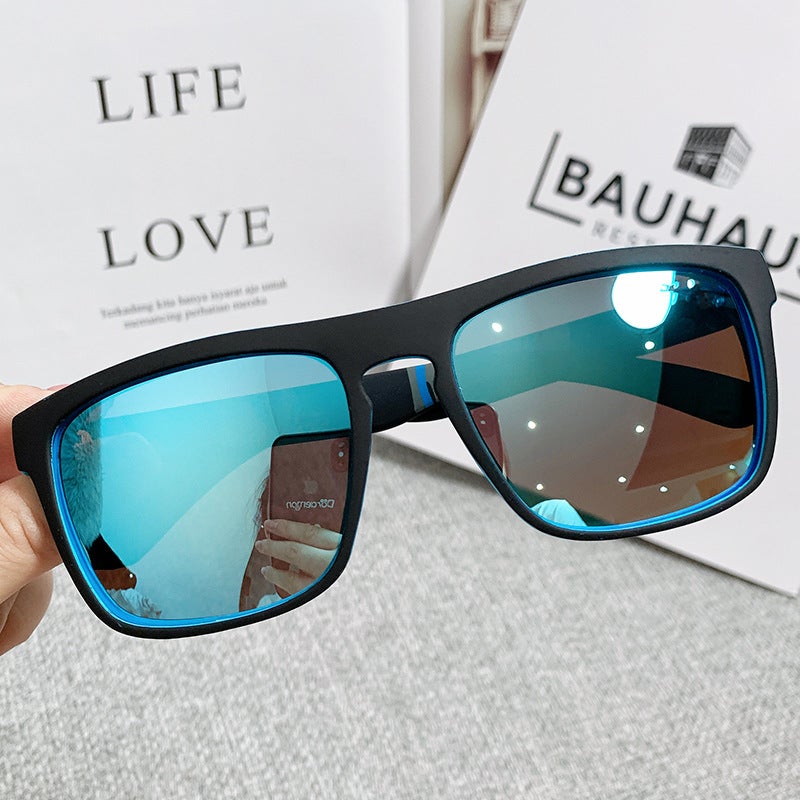 Generic European and American Full Frame Mirror Womens Fashion Elastic Paint Sports Sunglasses Mens Riding Glasses Polarized Sunshade Anti-UV Glasses Black Frame Ice Blue Tablet