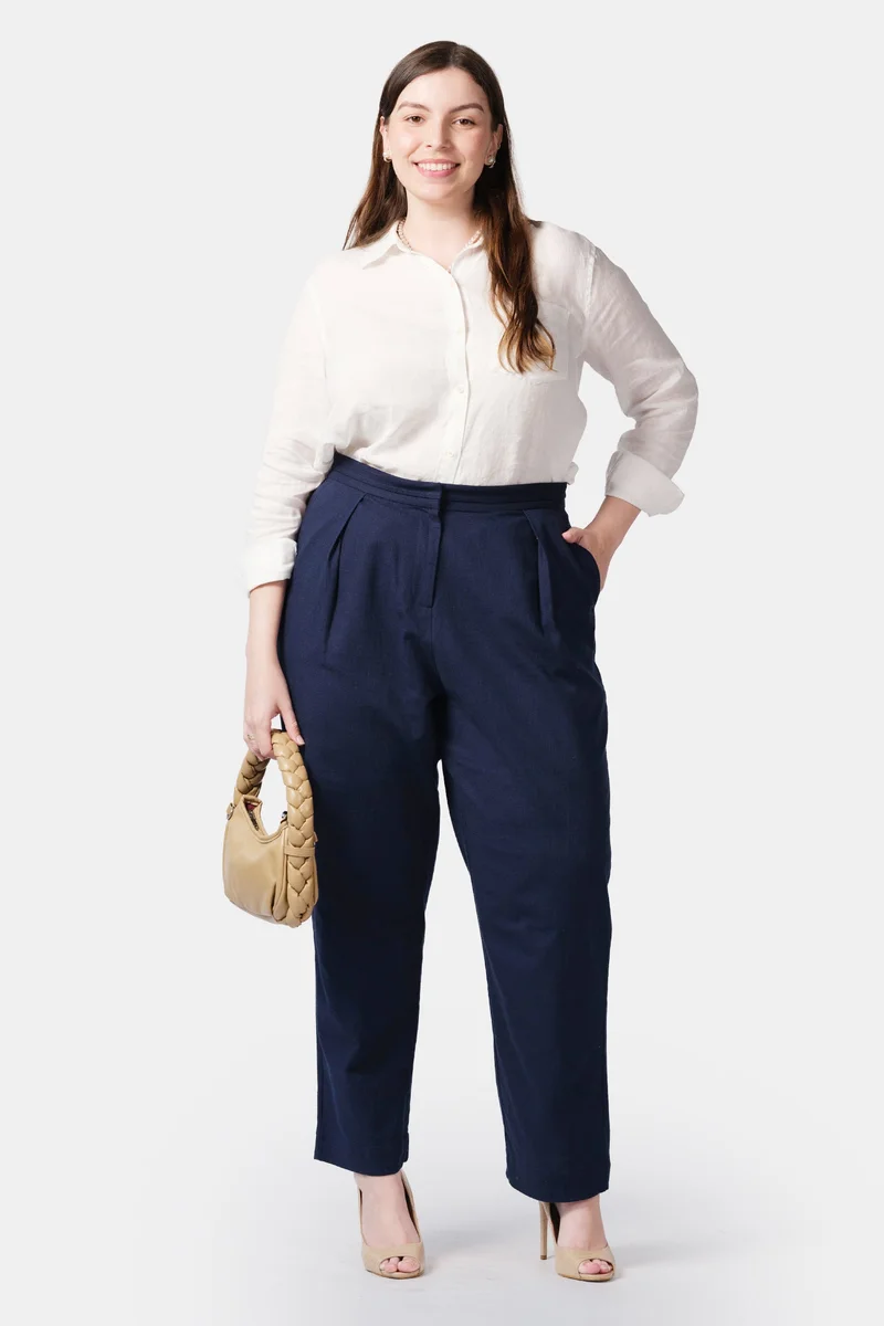 فيرجيو Solid Cotton Pleated Plus Size Trousers for Women