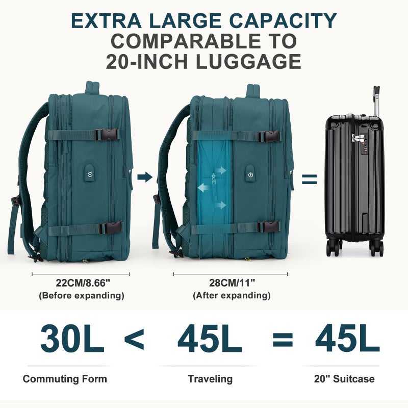 coowoz Large Travel Backpack For Women Men, Carry On Backpack,Hiking Backpack Waterproof Outdoor Sports Rucksack Casual Daypack Expandable Heavy Duty Extra large Backpack Peacock Blue - Image 4