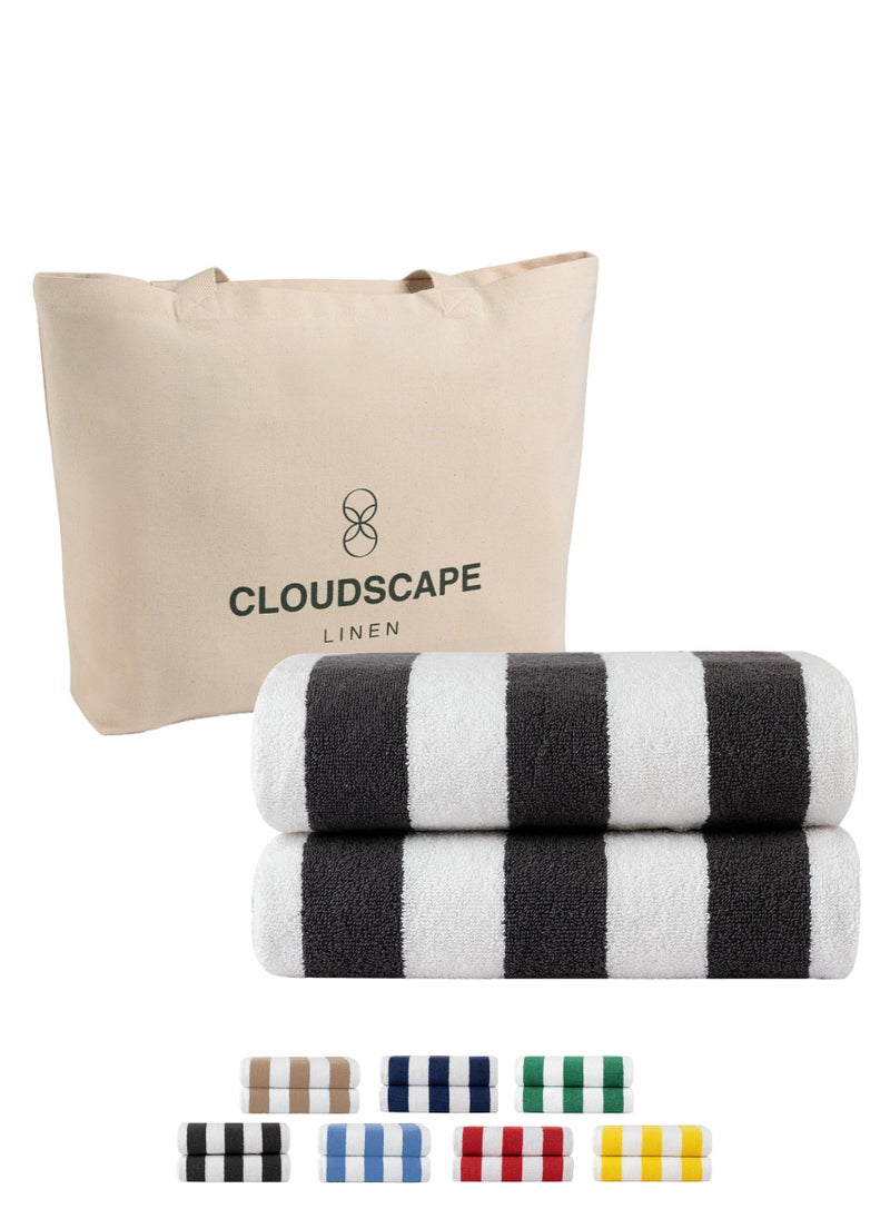 Cloud Scape Linen Cabana Stripe Beach Towel Set Pack of 2, Oversized Soft Cotton Towel, Perfect for Beach ,30x60, Grey  - Image 1
