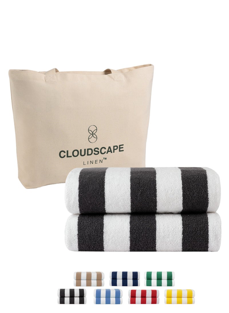 Cloud Scape Linen Cabana Stripe Beach Towel Set Pack of 2, Oversized Soft Cotton Towel, Perfect for Beach ,30x60, Grey - Image 1