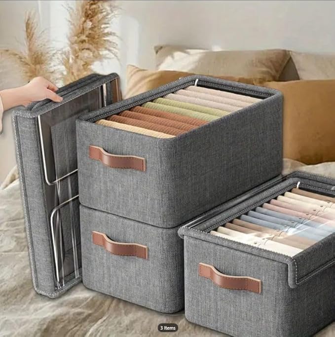 Foldable Storage Box with Clear Window Grey Linen Fabric Clothes Organizer with Handles 2 Compartments  - Image 2