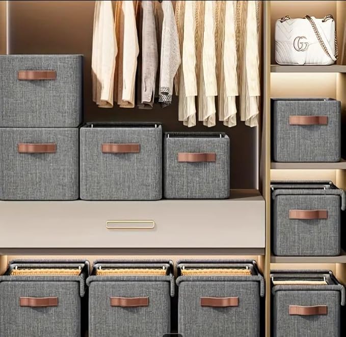 Foldable Storage Box with Clear Window Grey Linen Fabric Clothes Organizer with Handles 2 Compartments  - Image 3