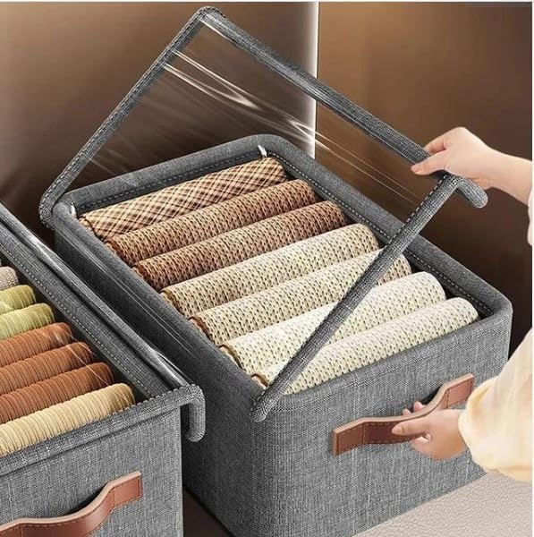 Foldable Storage Box with Clear Window Grey Linen Fabric Clothes Organizer with Handles 2 Compartments  - Image 1