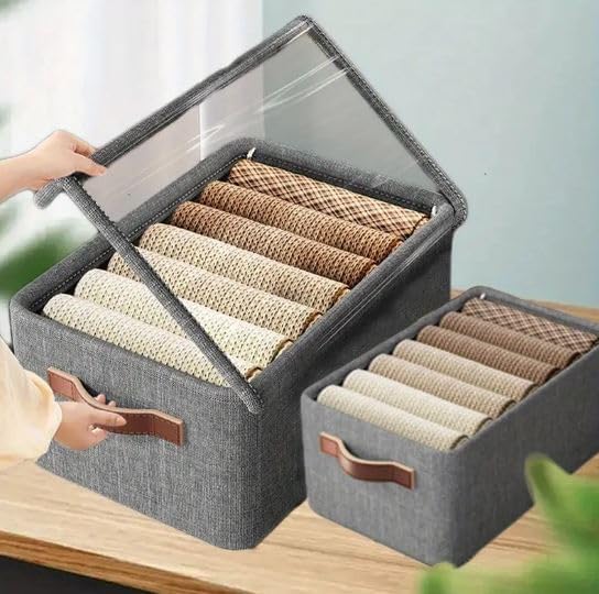 Foldable Storage Box with Clear Window Grey Linen Fabric Clothes Organizer with Handles 2 Compartments  - Image 4